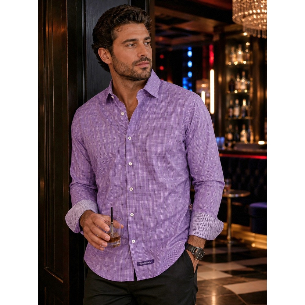 ENGLISH LAUNDRY Men's 16.5 X 32/33 Purple Plaid Flip Cuff Long Sleeve Shirt -226